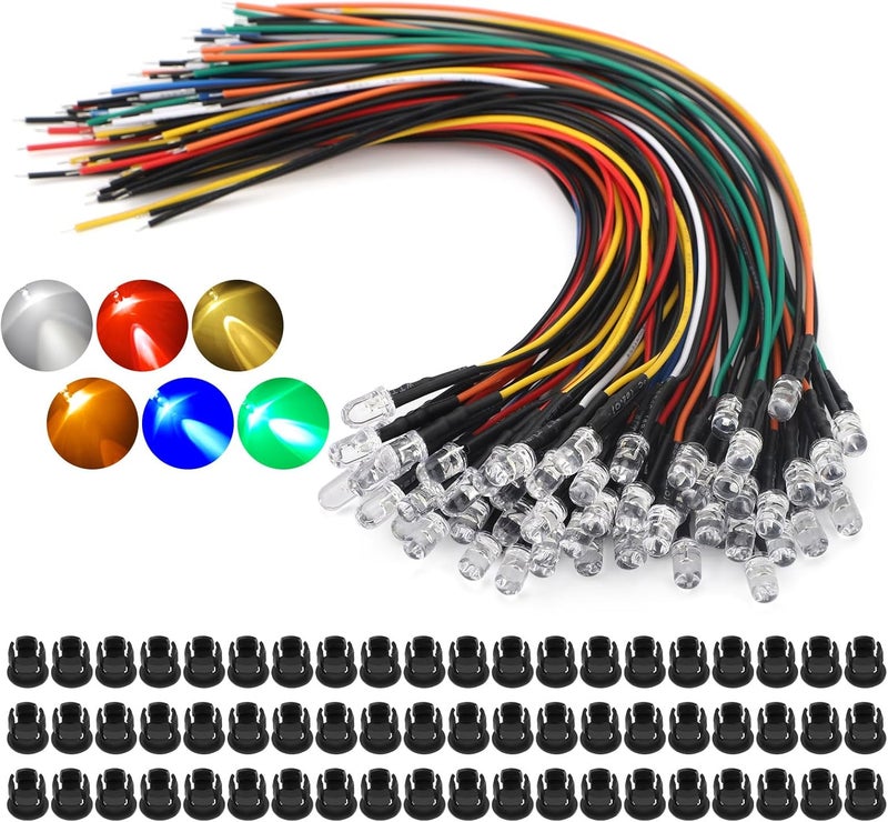 Linkstyle 60 قطعة 12 فولت 5 مم ثنائيات ضوء LED مسبقة التوصيل، مصابيح LED صغيرة، لمبات فردية صغيرة 12 فولت لنماذج السيارات والإلكترونيات، أبيض أحمر أصفر أخضر أزرق برتقالي، 10 قطع لكل لون - Image 1